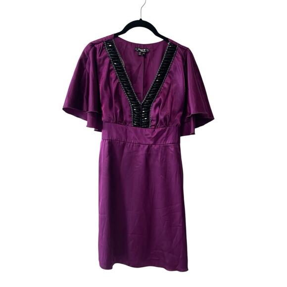 Sequin Hearts Short Sleeve Cape Detail Front Jeweled A Line Dress Purple Size M - Picture 9 of 9